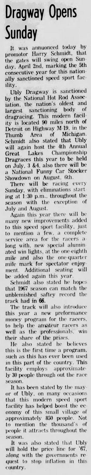 The Ubly Courier Mar 31 1967 opening article NHRA sanctioned Ubly Dragway, Ubly